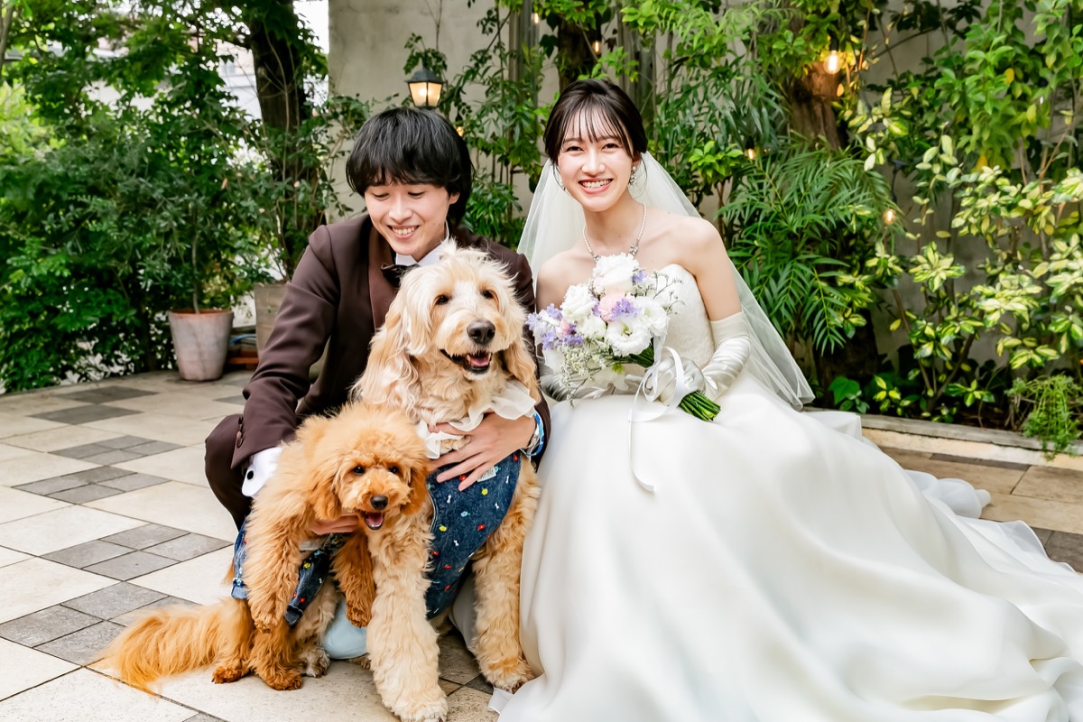 大型犬と新郎新婦の記念写真